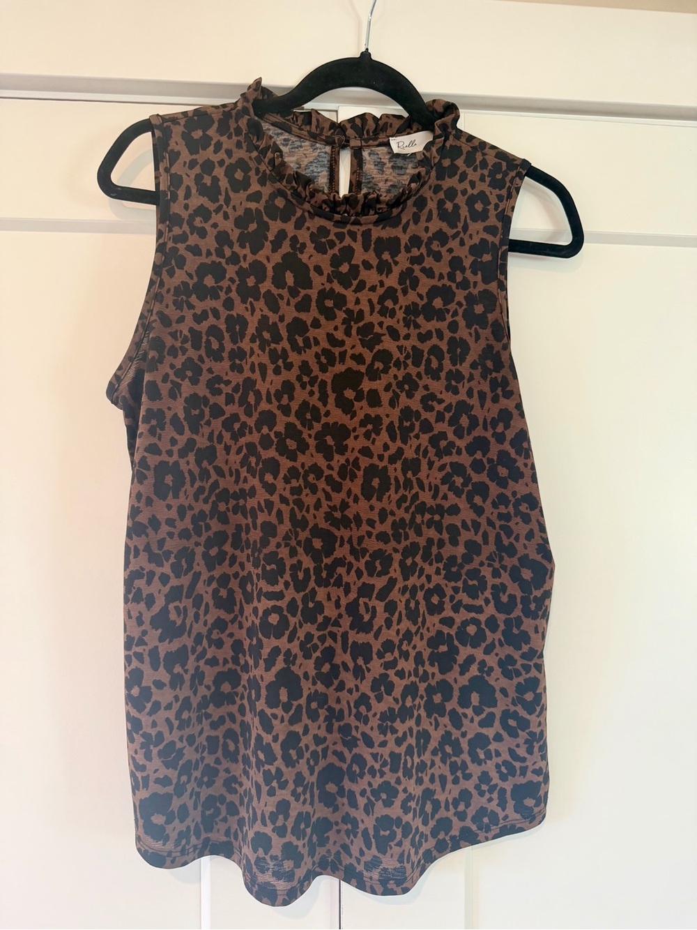 Elle Brown and Black Leopard Print Ruffle Neck Sleeveless Top